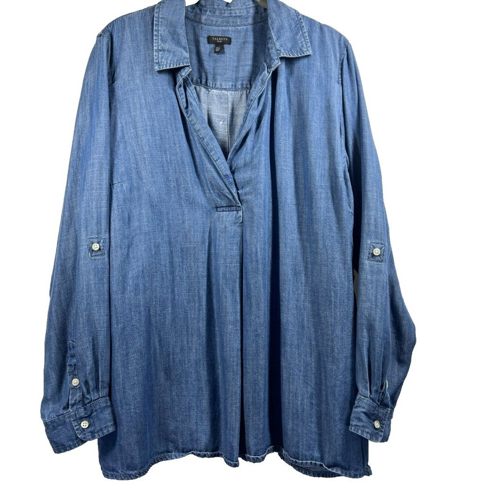 Talbotsโ Womens Blouse Denim Blue Pullover Roll Tab Sleeve Back Button PXL